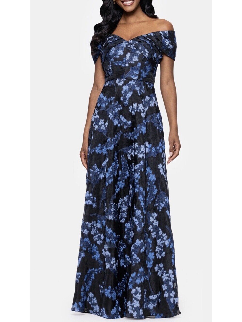 New Betsy & Adam Embroidered Floral Off the Shoulder Gown Blue Multi Sz 10 $298